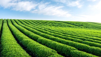 Vibrant green tea plantation under bright blue sky, rolling hills
