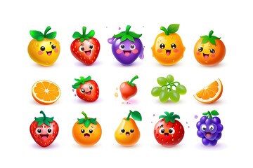 fruit-themed illustrations featuring a collection of cute and colorful fruits, including strawberries, oranges, grapes, and more, ideal for children's creative projects