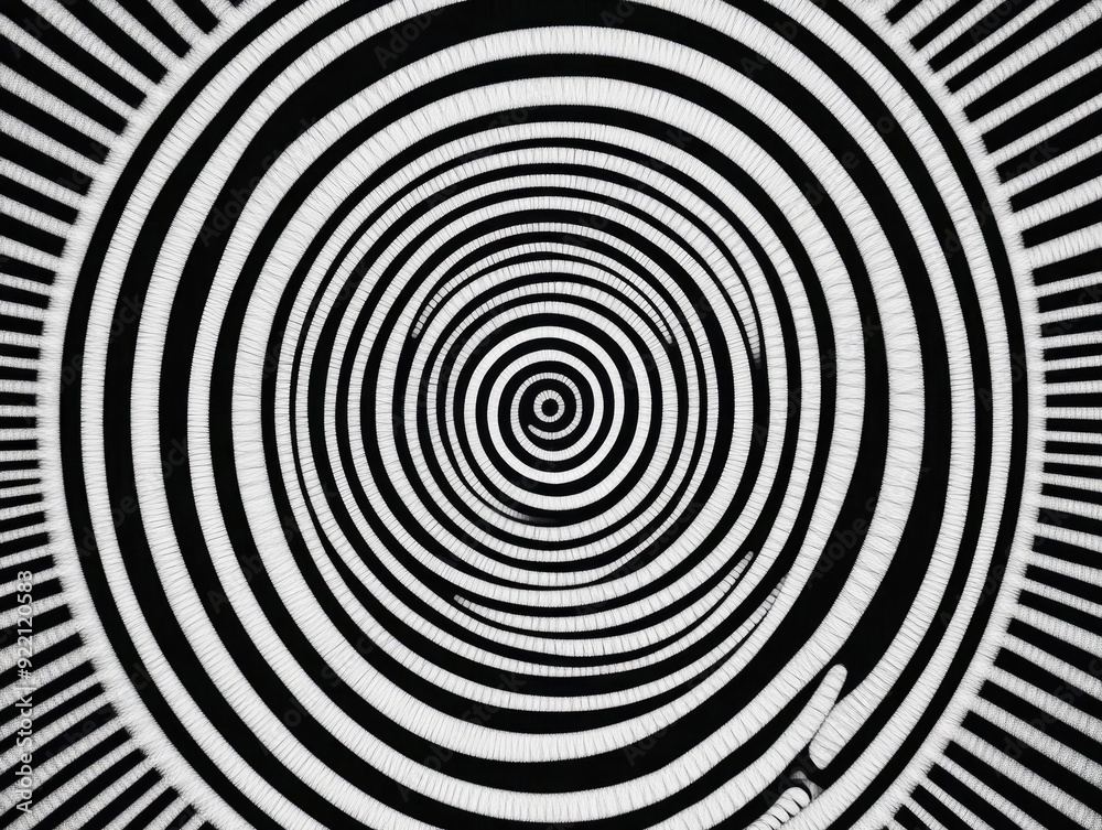 Poster vibrant and dynamic circular geometric patterns with radiating lines creating a rhythmic and energet
