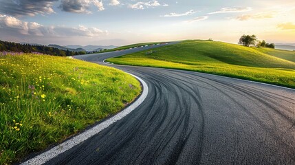 A racetrack bordered by vibrant green grass and blooming wildflowers, contrasting with the smooth asphalt lanes