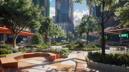 Obraz premium People enjoy leisure time in a lively urban park surrounded by skyscrapers
