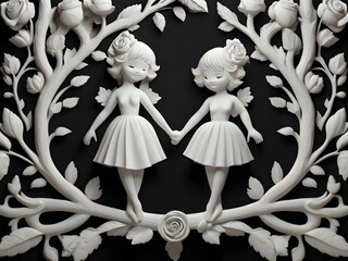 Amazing Illustration Art of white carved relief art sculpture with cute couples on branch in heart and roses, ornate decorative wallpaper romantic mood loving	

