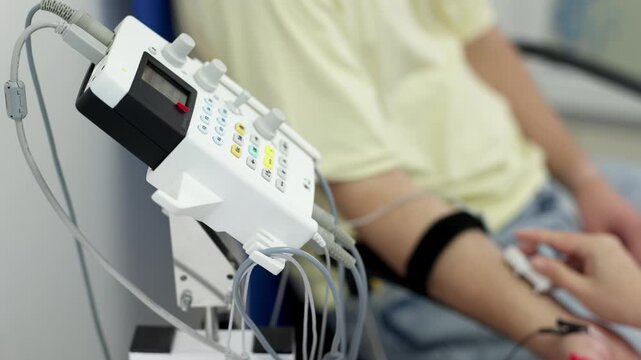 The patient undergoes an electromyography (EMG) test to assess nerve activity. Detects nerve and muscle dysfunctions. Perfect for showcasing advanced medical technologies