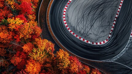 A racetrack surrounded by colorful autumn foliage, capturing the contrast between the vibrant leaves and the asphalt lanes
