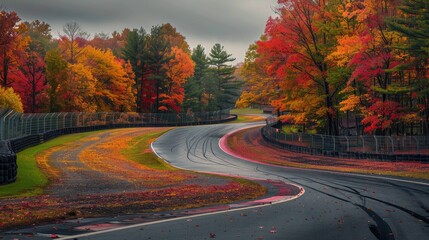 Fototapeta premium A racetrack surrounded by colorful autumn foliage, capturing the contrast between the vibrant leaves and the asphalt lanes