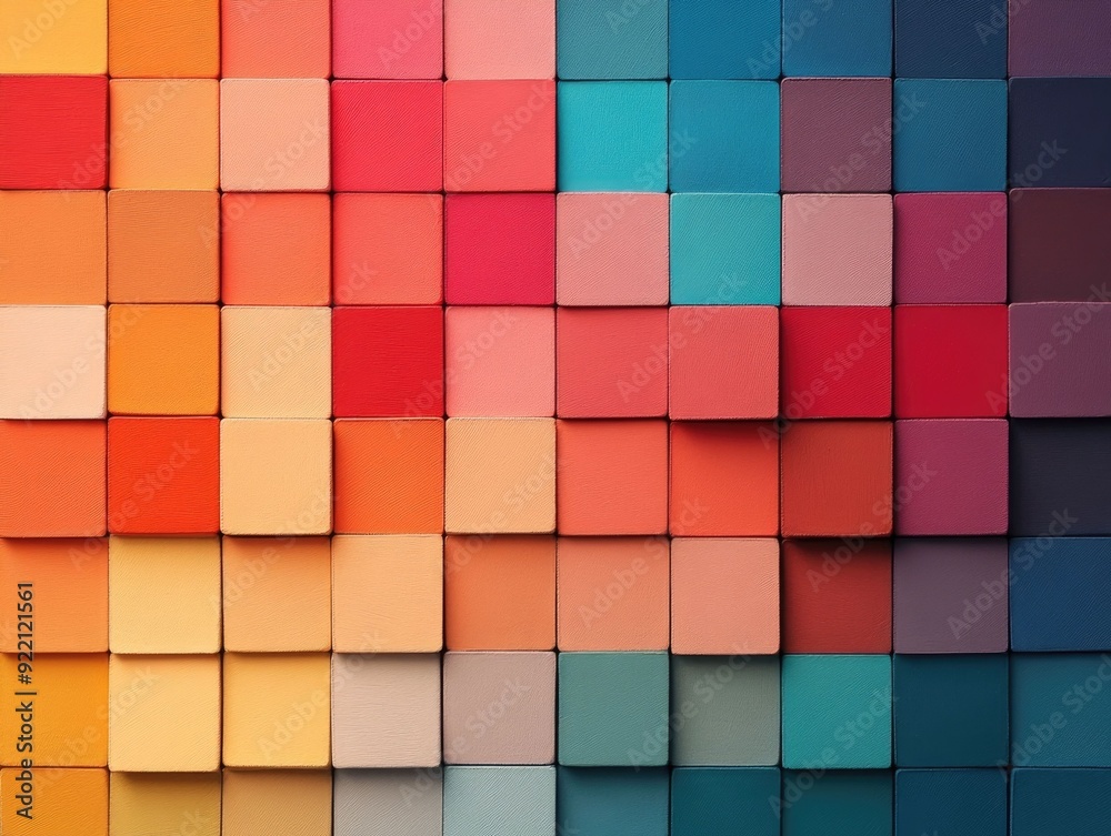 Poster minimalist grid of geometric squares with a color gradient and depth creating a visually striking ab