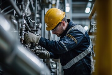 Industrial Worker Performing Maintenance on Complex Machinery in a Manufacturing Facility