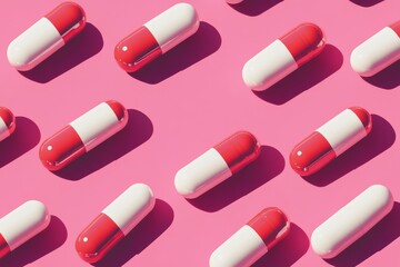 A seamless pattern of red and white capsules arranged against a pink background capturing the repetitive and systematic nature of medication use in everyday health practices