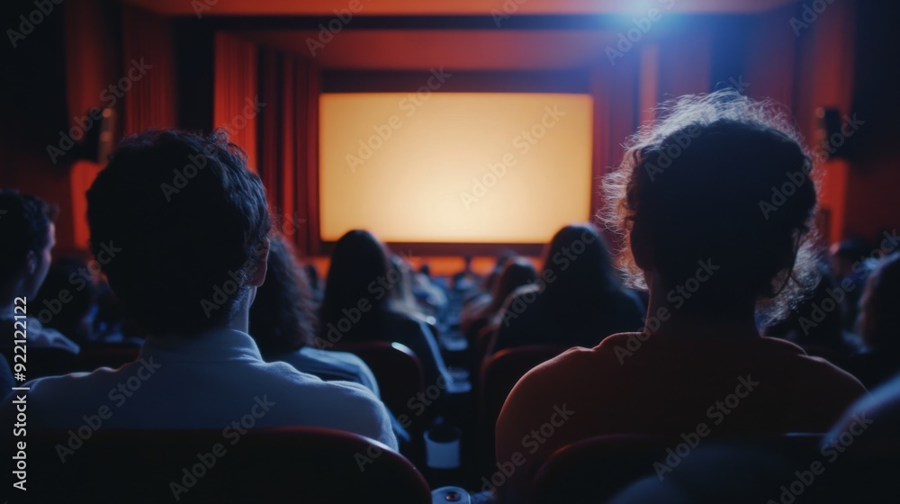Aufkleber a diverse audience is seated in a cinema, facing a large screen with soft lighting, immersed in a ci