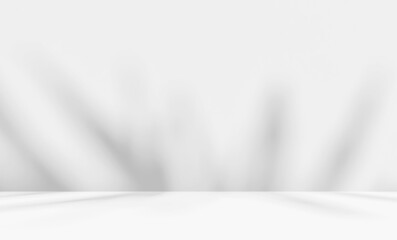 Empty white room studio with leaves shadow overlay effect for product presentation display. Cosmetic beauty fashion showroom. Morning sunlight through the window. Minimal Mock up interior background.	