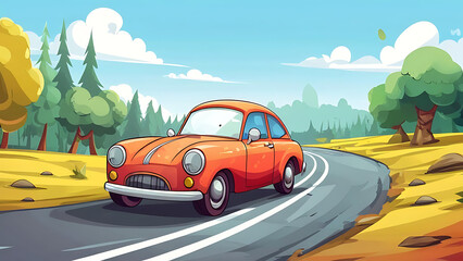 Cartoon car driving on a road
