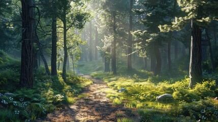 Fototapeta premium A serene forest path background with tall trees and dappled sunlight, creating a peaceful and inviting setting