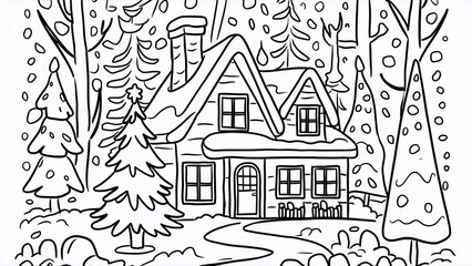 Coloring page with a house in a winter forest with a Christmas tree