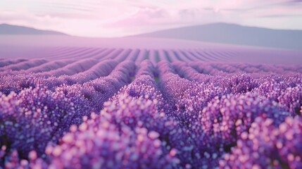 Obraz premium A serene lavender field background with rows of blooming flowers under a soft morning light, offering tranquility