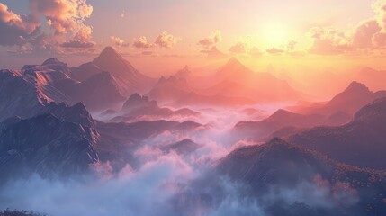 A serene mountain landscape at sunrise, with mist rolling over peaks and valleys, creating a tranquil and majestic view