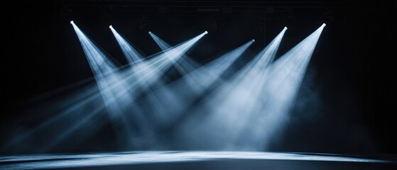 High-intensity stage lights casting dynamic patterns on a dark stage enhancing theatrical mood