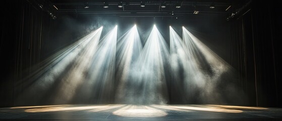 High-intensity stage lights casting dynamic patterns on a dark stage enhancing theatrical mood