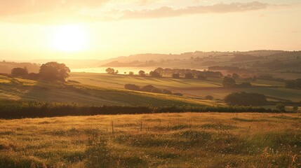 Obraz premium A serene sunrise over a rural landscape, with fields and meadows bathed in the soft morning light