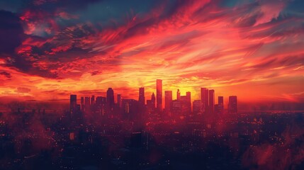 Fototapeta premium A serene sunset over a cityscape, with buildings silhouetted against a backdrop of fiery colors