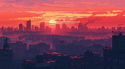 A serene sunset over a cityscape, with buildings silhouetted against a backdrop of fiery colors