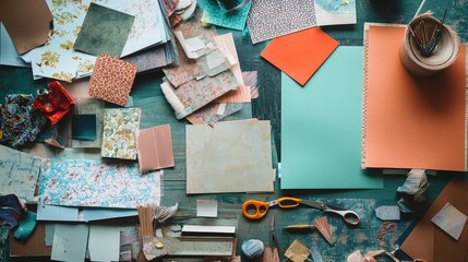 A creative workspace filled with various types of paper, including textured, colored, and patterned sheets. The scene includes scissors, glue, and other crafting tools, illustrating a productive 