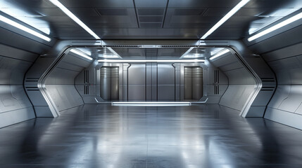 Futuristic Spaceship Corridor: An expansive, sleek, and futuristic spaceship corridor with metallic walls and gleaming floors.