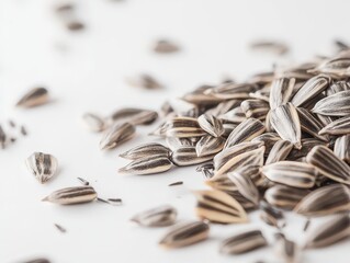 A close-up shot of a pile of sunflower seeds scattered on a clean white background, highlighting texture and detail.