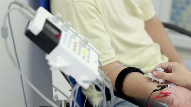 The patient undergoes an electromyography (EMG) test to assess nerve activity. Detects nerve and muscle dysfunctions. Perfect for showcasing advanced medical technologies