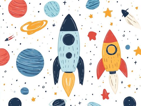 Vibrant cosmic doodle art featuring a whimsical composition of planets stars and rockets  This space themed digital showcases a colorful abstract and imaginative creative expression