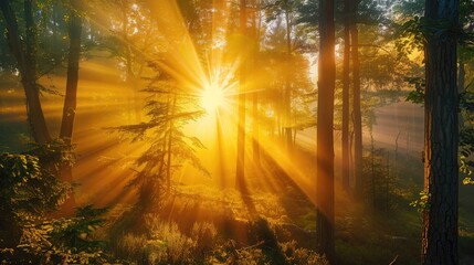 Obraz premium A stunning sunrise over a forest, with rays of light streaming through the trees and illuminating the landscape