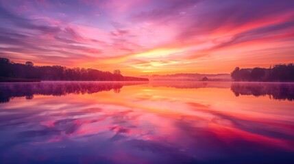 Obraz premium A stunning sunrise over a serene lake, with the sky painted in shades of pink, orange, and purple