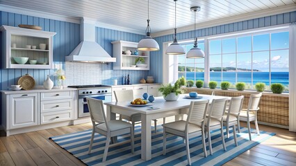 Coastal Cuisine: Blue and white tones, seaside atmosphere, coastal elements, fresh and airy feel