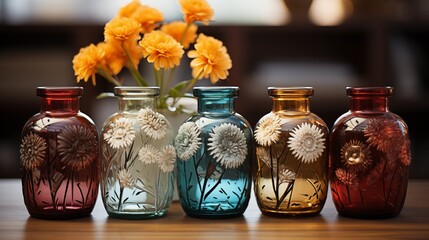 four flowerfilled vases are displayed on a table, showcasing a beautiful combination of pottery.