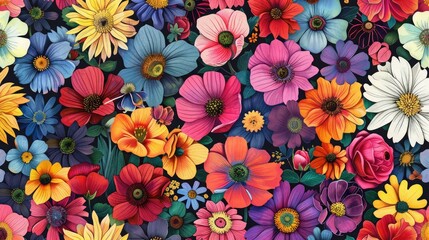 Colorful seamless pattern of various blooming flowers.