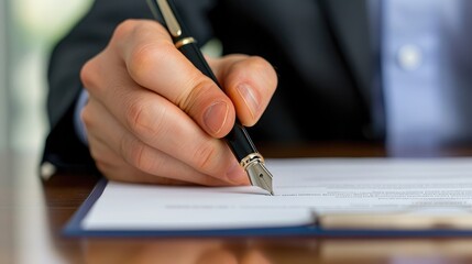 Fototapeta premium Confident businessman with a pen, ready to sign documents. Plenty of copy space on the left side.