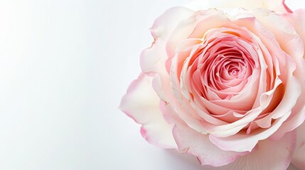 Delicate pink rose with soft, natural lighting, providing ample copy space on the right.
