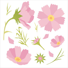 Cute set of elements with pink flowers and buds