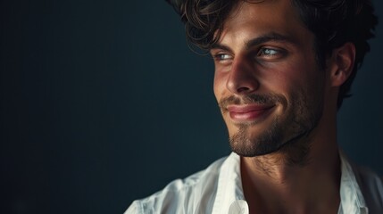 Obraz premium Elegant man with a glowing complexion, smiling softly. Blank space on the right for text or logos.