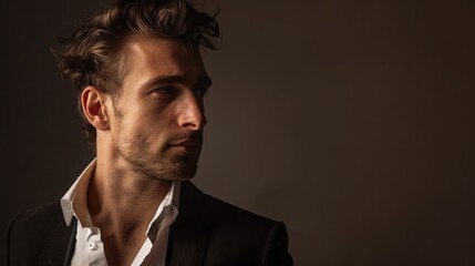 Fototapeta premium Elegant man with a serene expression, exuding charm. Ample copy space on the right side.