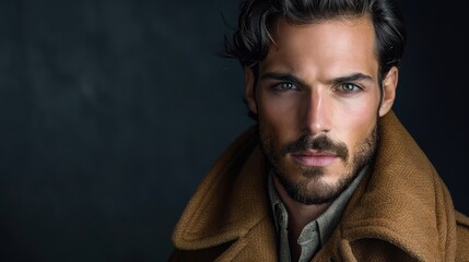 Obraz premium Elegant man with a serene expression, exuding charm. Ample copy space on the right side.