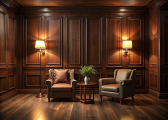 Fototapeta premium color: Dark Wood Paneling Warm Wood Tones Soft Lighting