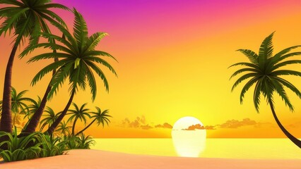 Obraz premium A stunning sunset on a tropical beach, where palm trees stand silhouetted against the glowing orange and pink sky, capturing the peaceful beauty of a tropical evening