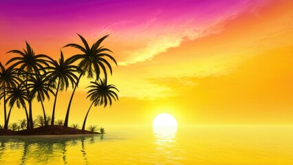 Naklejka premium A breathtaking tropical sunset over a serene ocean, with silhouetted palm trees framing the vibrant sky in shades of orange and pink, creating a perfect paradise