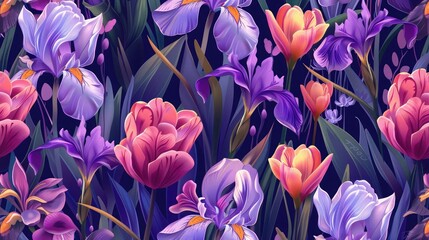 Fototapeta premium Elegant seamless pattern of tulips and irises.