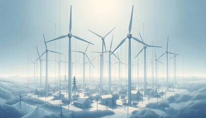 background illustration for the windmill installation site, in pale blue and gray colors, banner, wallpaper, panel, painting