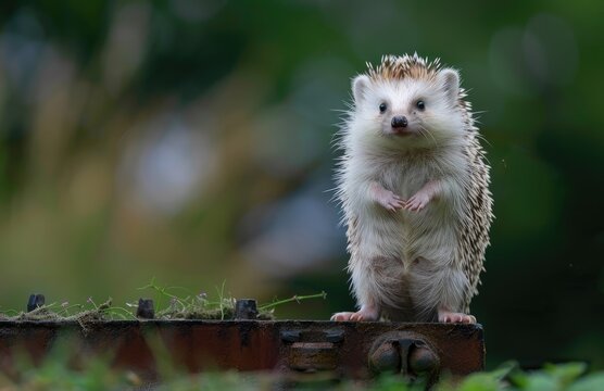 Close up photo of a cute hedgehog standing on a rusty outdoors pipe. Cute woodland animal photo.