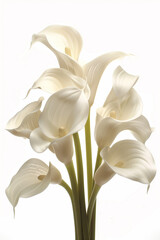 Pure Elegance: A captivating bouquet of pristine white calla lilies, their delicate petals unfurling in a graceful display of nature's beauty. 