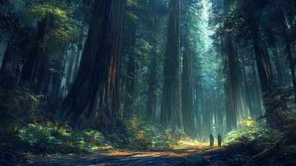 Obraz premium A dramatic forest landscape with towering redwoods. The immense trees create a cathedral-like atmosphere, with their lofty canopies and the play of light and shadow on the forest floor