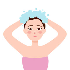 Young woman washing her hair with shampoo and foam in flat design.