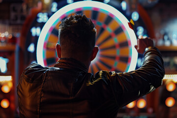 Back view of a man aiming to throw a dart at a dartboard illuminated by neon lights. 
